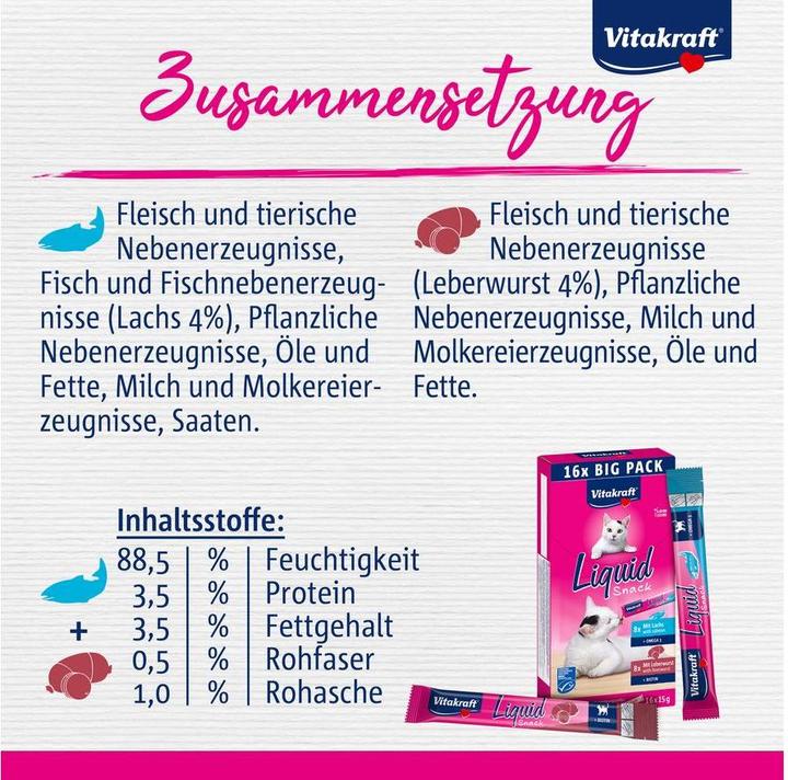 Valori nutrizionali e ingredienti Vitakraft Snack liquido Multipack con salsiccia di fegato e salmone MSC per gatti 16x15gr (58000) (Junior, 16 pz., 240 g)