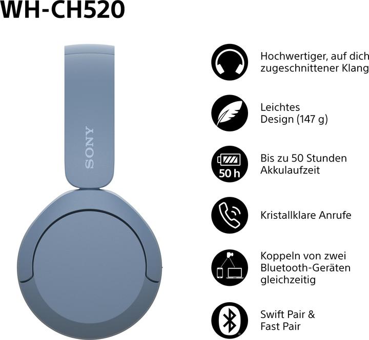 Immagine prodotto Sony WH-CH520 (Nessuna soppressione del rumore, 50 h, Senza fili)