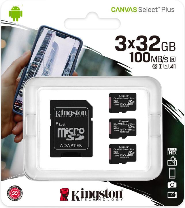 Actual product image Kingston Canvas Select Plus microSD 32GB Multi-Pack of 3 (32 GB, microSDHC, U1, UHS-I)