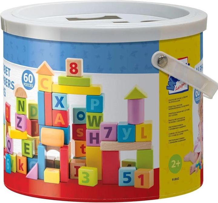 Image du produit Woody Blocs en bois avec alphabet et chiffres pastels, 60 pièces