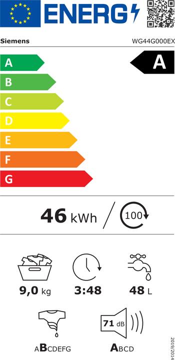 Energie-Label Siemens WG44G000EX Waschmaschine (Frontlader, freistehend, 9 kg, A, 1.400 U/Min, iQ300) (9 kg, Links)