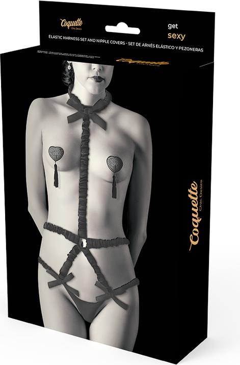 Actual product image Coquette Chic Desire Elastic Harness Set And Nipple Cover Black (One size)