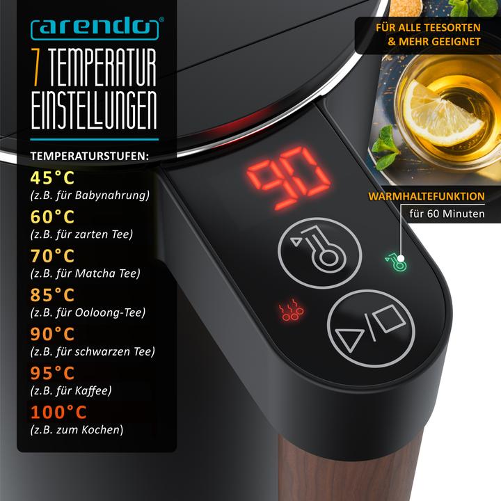 Produktbild Arendo Edelstahl Wasserkocher 1,5 L, 2200 W, Temperatureinstellung 45°C - 100°C, Warmhaltefunktion, Schwarz (1.50 l)