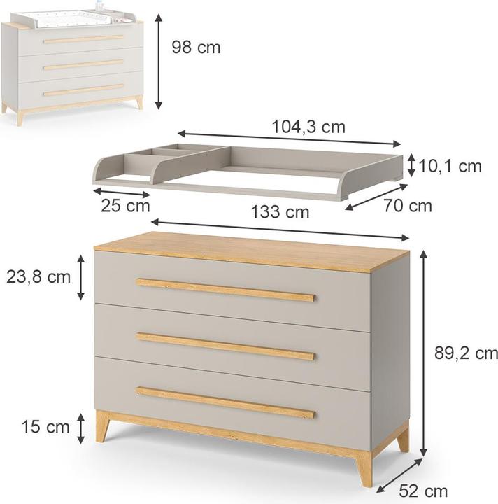 Actual product image VitaliSpa Changing dresser Malia, Cashmere oak, 133 x 98 cm XL with 3 drawers