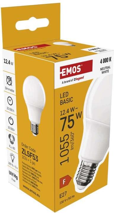 Image du produit Emos Lampe LED Basic A60 / E27 / 12,4 W (75 W) / 1055 lm / Blanc neutre (E27, 12.40 W, 1055 lm, 1 x, F)