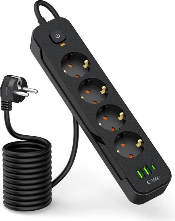 Image du produit Tech-Protect PCL4X3 Power Strip 4 Sockets 240V + 2xUSB-A + 1xUSB-C 200 cm - Noir (2 x, USB-A, USB-C, 2 m)