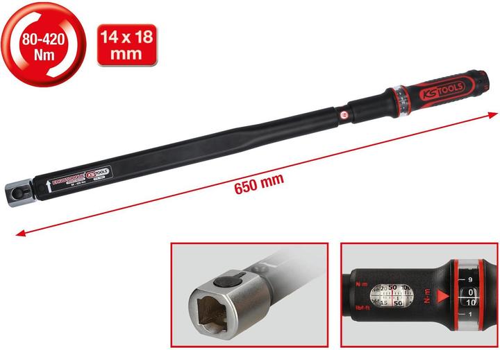Immagine prodotto KS Tools Chiave dinamometrica a inserto di precisione ERGOTORQUE®, 14x18 mm, 80-420 Nm (1/2", 80 Nm, 420 Nm)