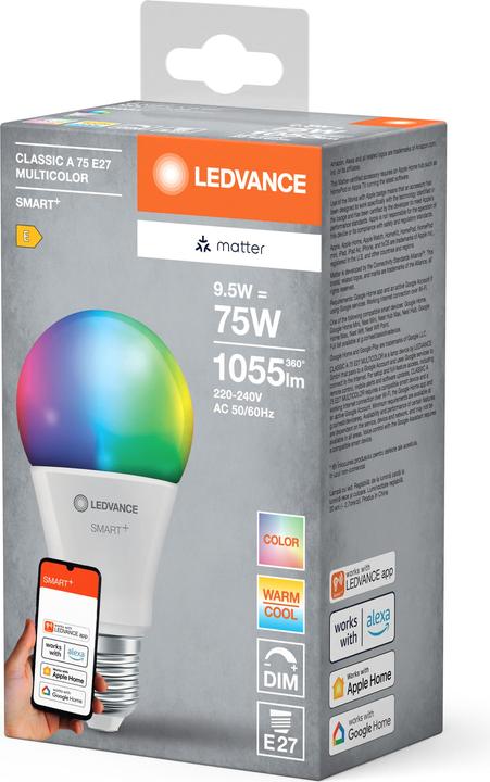 Image du produit Ledvance SMART+ MATTER CLASSIC A MULTICOLOR 9.5W 827...865 Multicolore E27 (E27, 9.50 W, 1055 lm, 1 x, F)