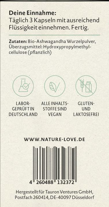 Nährwerte und Zutaten Nature Love Ashwagandha (135 Stück, 103 g)