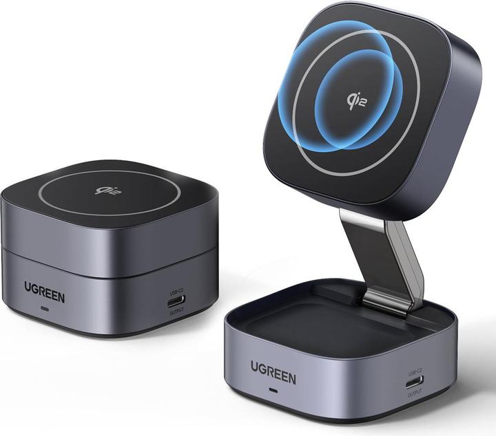Actual product image Ugreen W702 3in1 inductive charger with MagSafe / Qi2 and USB-C port for phone / headphones - black (15 W)