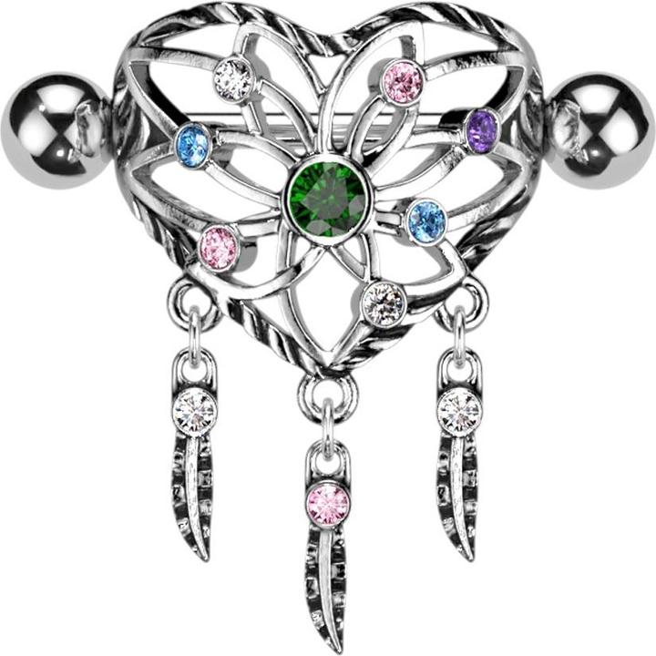 Immagine prodotto Star Piercing Barbell silber mit zwei Kugeln Schild Herz Traumfänger mit farbigen Kristallen (Acciaio chirurgico 316L, Ottone)