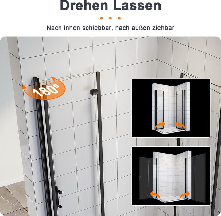Produktbild SONNI Falttür, Duschabtrennung, Eckeinstieg, Duschkabine, 90 x 120 cm, schwarz, 6 mm, Glas, 180 Grad (120 cm, 90 cm, 195 cm)