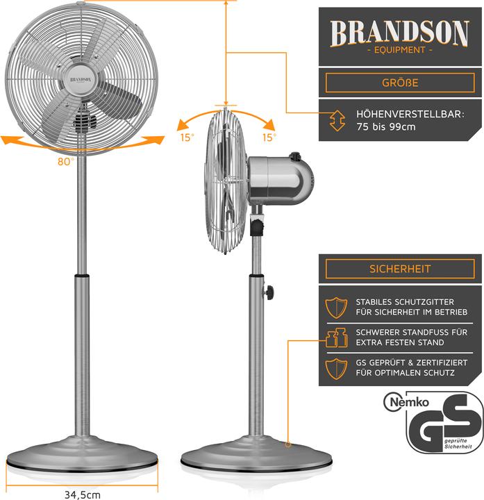 Immagine prodotto Brandson Ventilatore a piantana 34cm Ø, oscillazione 80°, inclinabile 30°, 35W, ventilatore da pavimento (54 dB)