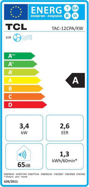 Energie-Label TCL TAC-12CPB/K (35 m², 11601.28 BTU/h)