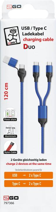 Actual product image 2GO USB / Type C Charging Cable DUO Type C blue 120cm (1.20 m)
