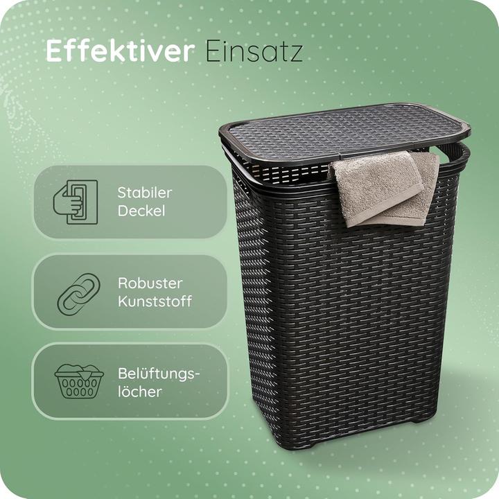 Image du produit Novaliv Rattan Wäschekorb mit Deckel 60L Schwarz, Wäschebox Wäscheeimer Wäschebehälter modern für Ba (60 l)