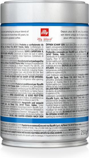 Valeurs nutritives et ingrédients Illy Decaffeinato (250 g, Torréfaction moyenne)