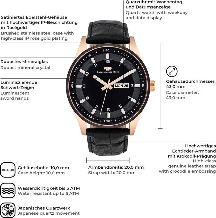 Actual product image Mens quartz watch Couragian genuine leather black - 4470 (Analogue wristwatch, 43 mm)