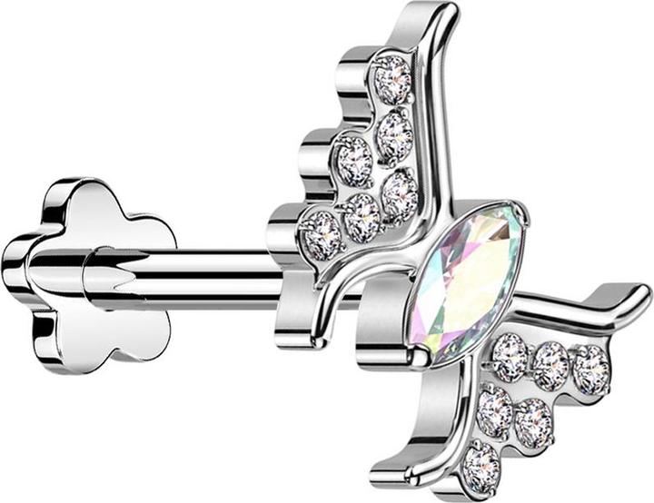 Star Piercing Micro Threadless Labret Blume silber Schmetterling silber Kristall multicolor (Titan G23, ohne Messing)
