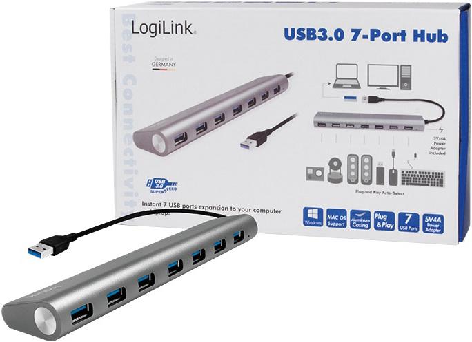 Immagine prodotto LogiLink UA0308 - Hub USB 3.0 a 7 porte con lettore di schede, involucro in alluminio, pilkas (USB-A, 7 Porti)