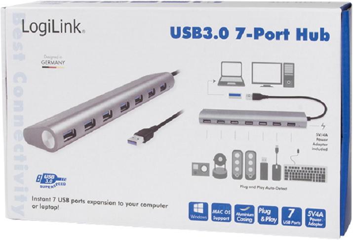 Immagine prodotto LogiLink UA0308 - Hub USB 3.0 a 7 porte con lettore di schede, involucro in alluminio, pilkas (USB-A, 7 Porti)