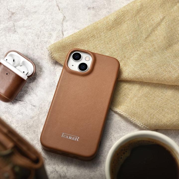 Image du produit iCarer CE Premium Leather Folio Case iPhone 14 Plus Magnetic Flip Leather Folio Case MagSafe Brown ( (Apple iPhone 14 Plus)