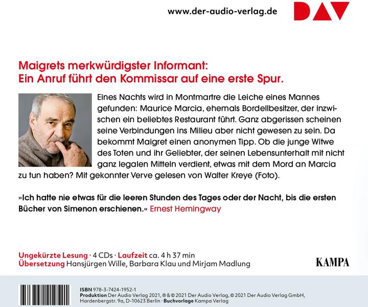 Produktbild Maigret und der Spitzel (Georges Simenon, Wolfgang Stockmann, Hansjürgen Wille, Barbara Klau, Mirjam Madlung, Walter Kreye, Deutsch)