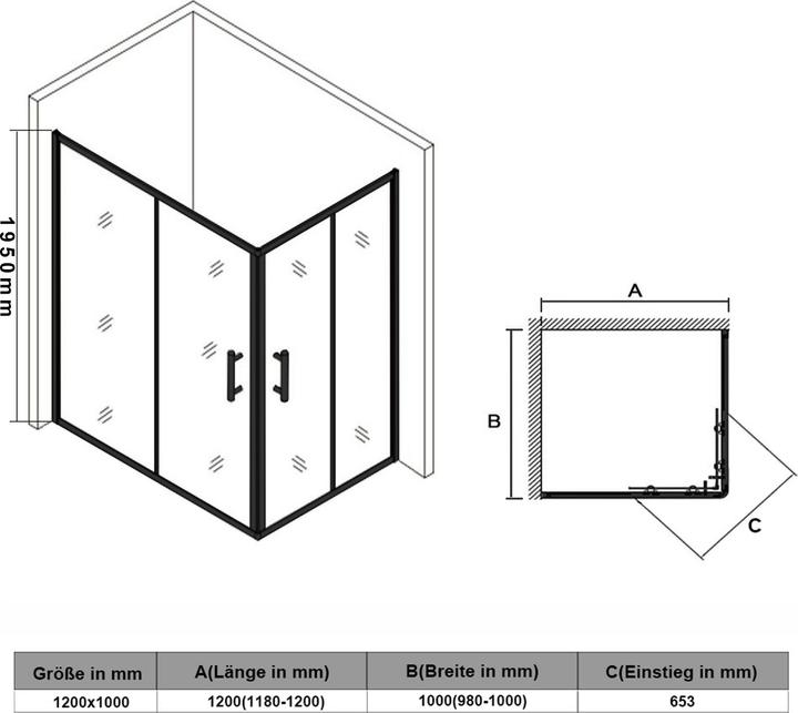 Image du produit SONNI porte de douche 100 x 100 cm noir cabine de douche d'entrée d'angle porte coulissante en verre (120 cm, 195 cm)