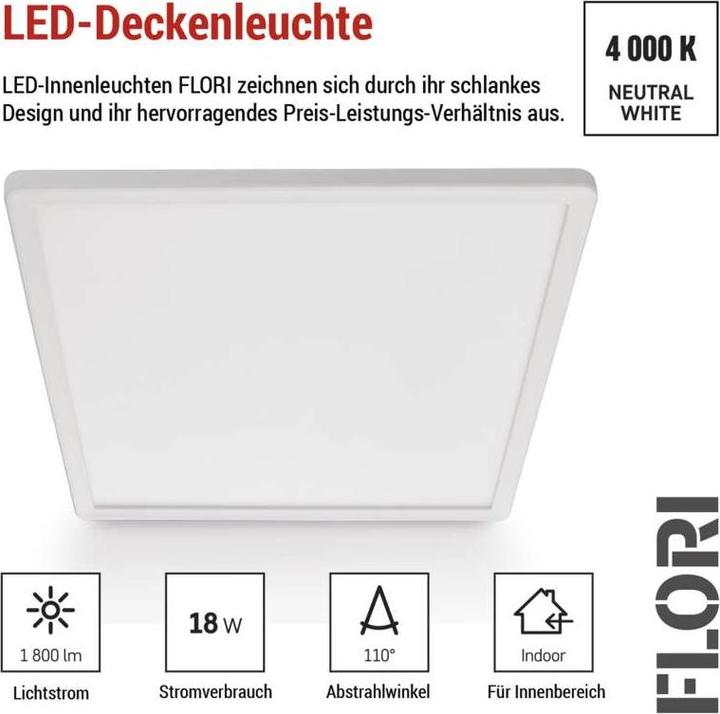 Actual product image Emos LED-Anbauleuchte FLORI quadrat, weiss, 18W, neutralweiss (1800 lm)