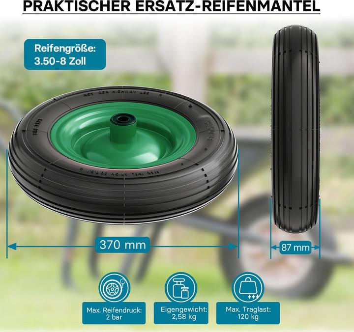 Produktbild Wiltec Rad Reifen 3.50-8 120kg Winkelventil Luftreifen Felge Ersatzrad Sackkarre