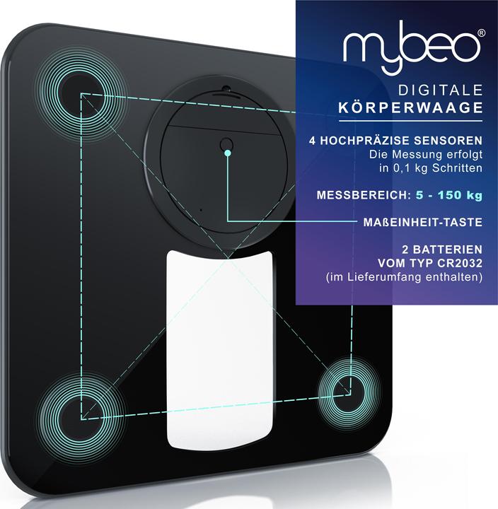 Immagine prodotto Mybeo Bilancia pesapersone digitale, bilancia da bagno con vetro di sicurezza da 6 mm, bilancia personale (150 kg)