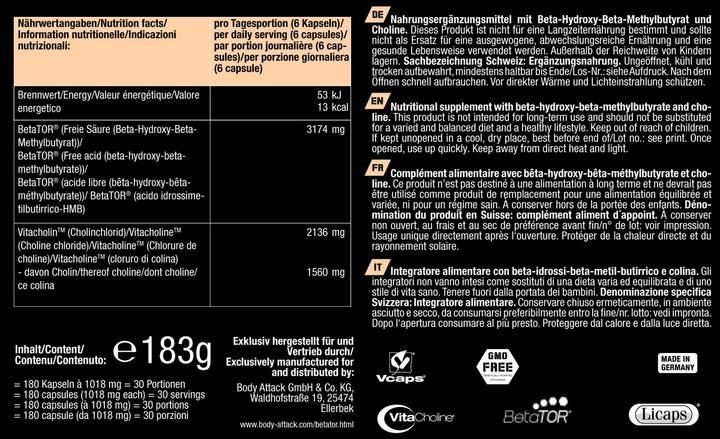 Valeurs nutritives et ingrédients Body Attack BETATOR (180 capsules) (1 pièce(s), Capsules, 183 g)