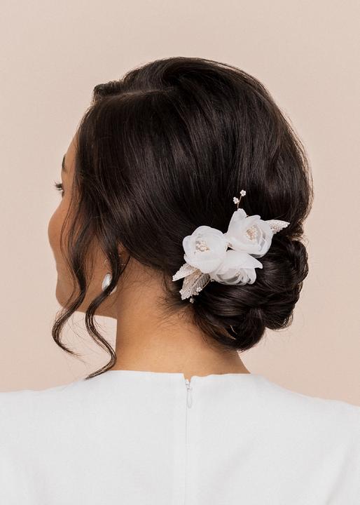 Image du produit Trisa Celebride peigne à cheveux en or délicat avec des fleurs en tissu et des feuilles de perles