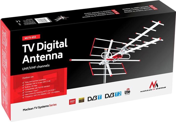 Actual product image Maclean MCTV-855 MCTV-855 lauko antena TV DVB-T Combo UHF VHF passive max 100dBuV (Flat antenna, 14 dB, DVB-T / -T2)