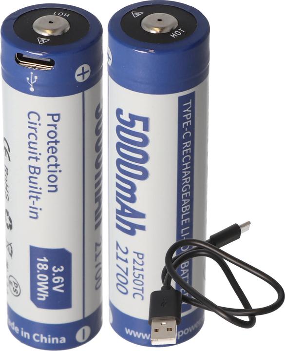 Immagine prodotto Keeppower Batteria 2 pezzi 21700 con protezione PCB incl. possibilità di ricarica USB-C (2 pz., 5000 mAh, Accumulatore di carica elettrica)