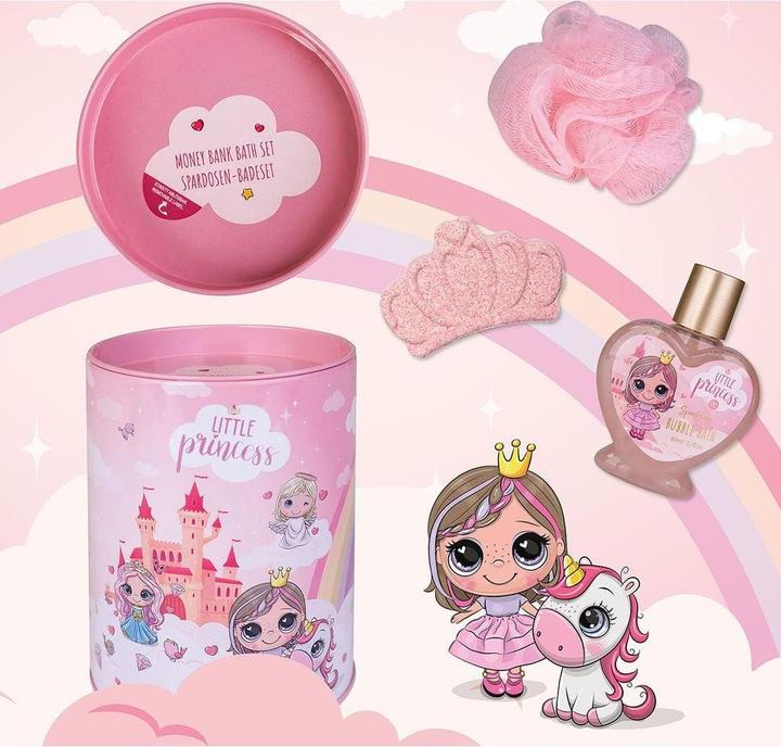 Produktbild Accentra Badeset LITTLE PRINCESS in Spardose aus Blech, inkl. 80ml Schaumbad, 50g Badefizzer, 10g Netzschwamm (Haarpflege set)