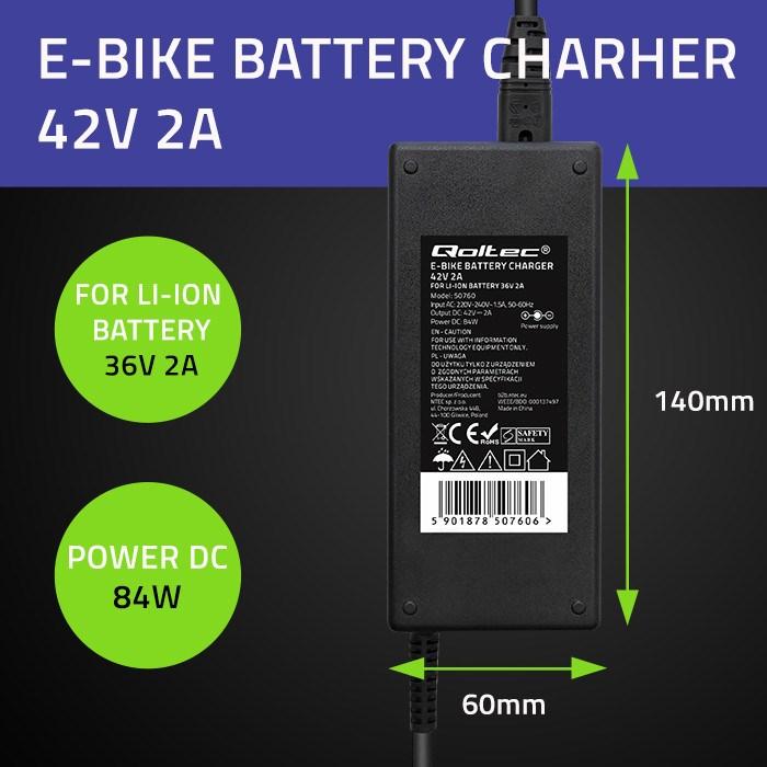 Immagine prodotto Qoltec Ładowarka do baterii roweru elektrycznego 36V | 42V | 2A | 5.5*2.1 (Caricabatterie per biciclette elettriche)
