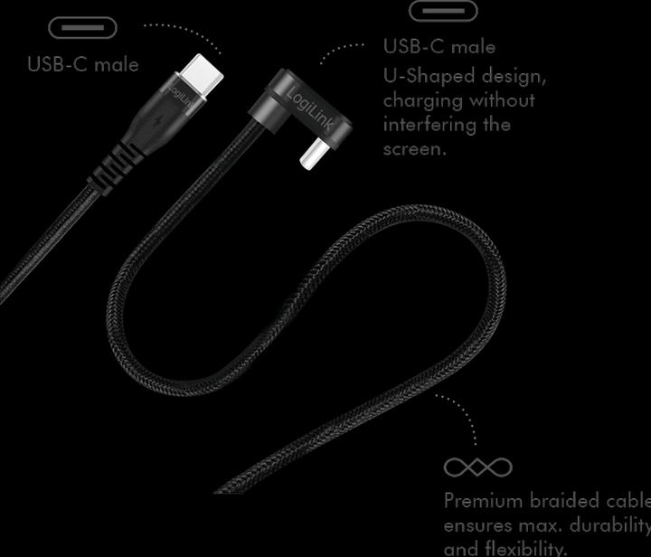 Produktbild LogiLink USB 2.0 Type-C-Kabel, C/M 180° zu USB-C/M, Alu, schwarz, 2 m (2 m, USB 2.0, 60 W)