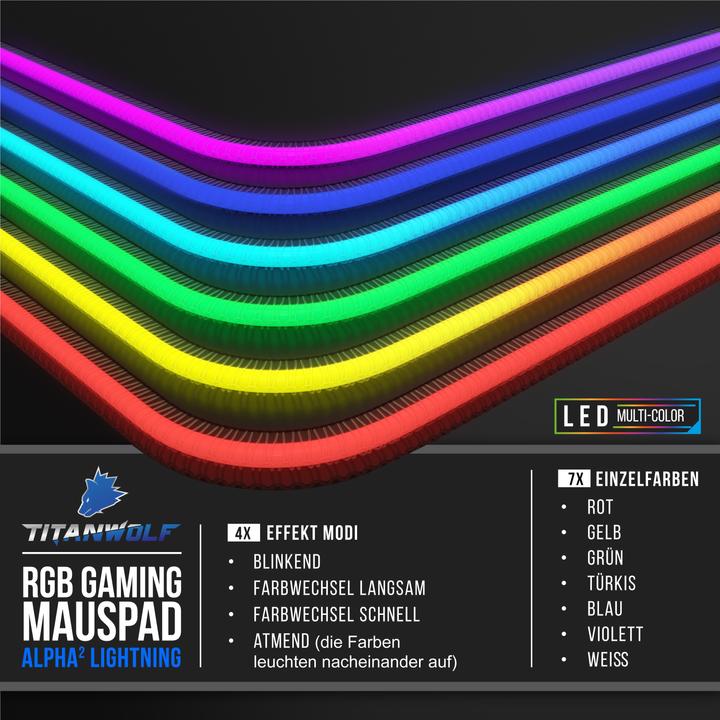 Produktbild Titanwolf RGB Gaming Mauspad, Mausmatte XL 800 x 300mm, verbessert Präzision & Geschwindigkeit, schwarz