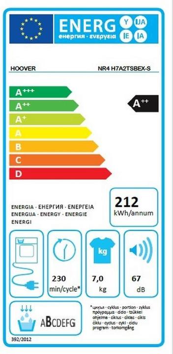 Label énergétique Hoover NR4 H7A2TSBEX-S (7 kg, Gauche)