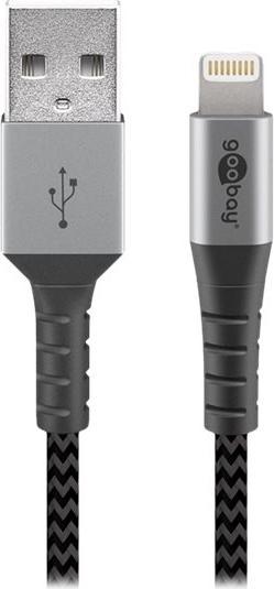 Produktbild Goobay Lightning auf USB-A Textilkabel mit Metallsteckern (space grau/silber) 2 m, 2 m, Schwarz-Grau (2 m, USB 2.0)