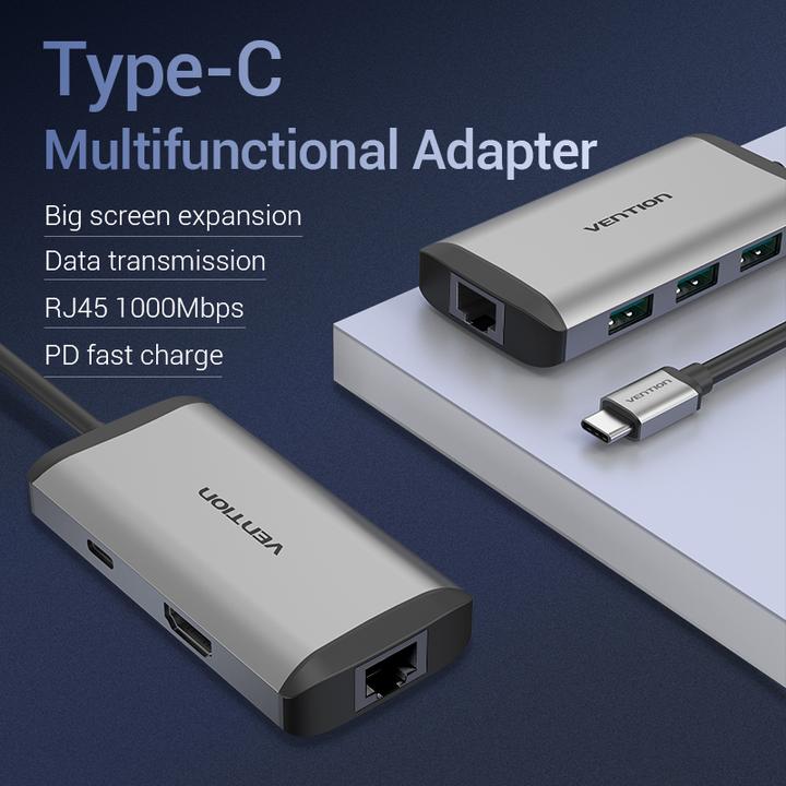 Actual product image Vention USB-C Docking Station to HDMI, 3x USB3.0, RJ45, PD 0.15m CNCHB, grey (USB-C, 4 Ports)