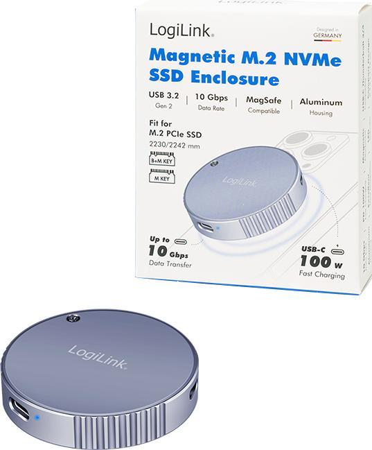 Produktbild LogiLink Magnetisches USB 3.2 Gen2 SSD-Gehäuse, 100 W PD, MagSafe-kompatibel, Spacegrau (M.2)