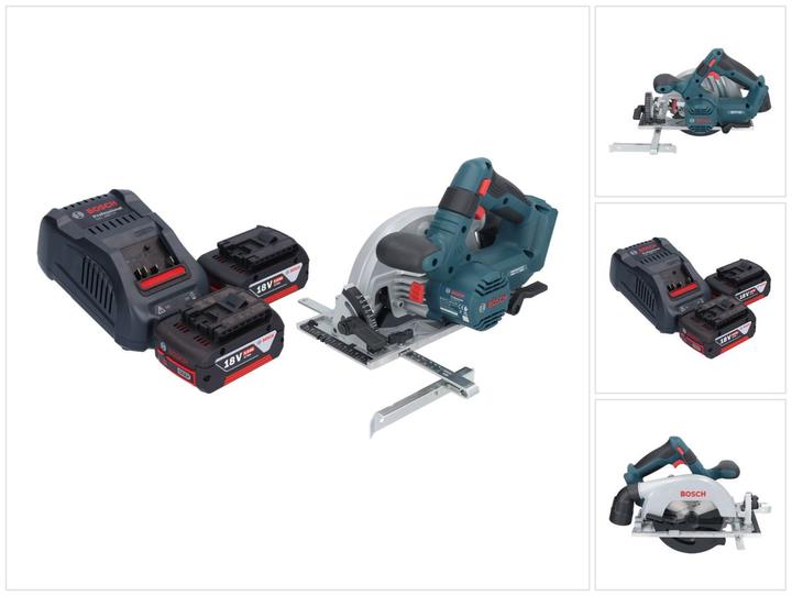 5,0 Ah, 1x Bosch GKS 18V-57-2 Professional Akku Handkreissäge, 1x Kreissägeblatt, Standard for Wood, 165 x 1,5, 5000 mAh Li-Ion Akku, 1x Bosch GAL 1880 CV Schnellladegerät, 1,0 x 20 mm, 24 ( 2 608 837 685 ), 1x Parallelanschlag ( 2 608 000 817 ), 2x Bosch GBA 18 Volt