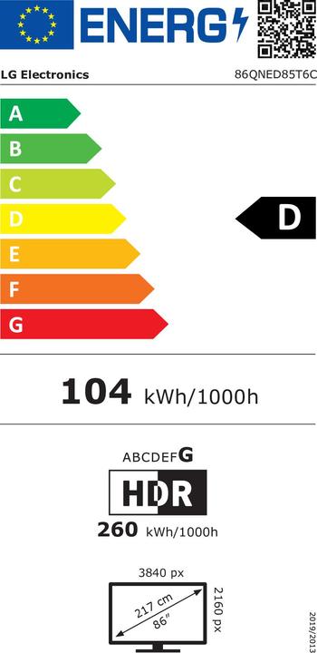 Energy Label LG 86QNED85T6C (218 cm (86 inch), black, UltraHD/4K, HDR10, triple tuner, AI processor, 120Hz panel) (86", QNED85, QNED, 4K)