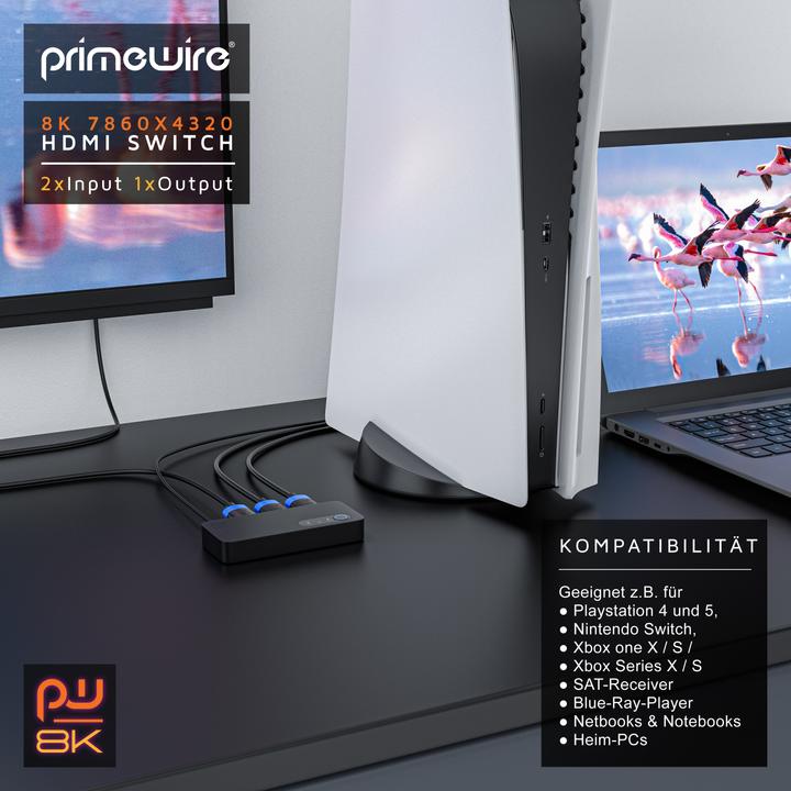 Immagine prodotto Primewire Splitter HDMI a 2 porte, switch HDMI in alluminio 8K 2 in 1 Out UHD, distributore, switcher, 4K 3D