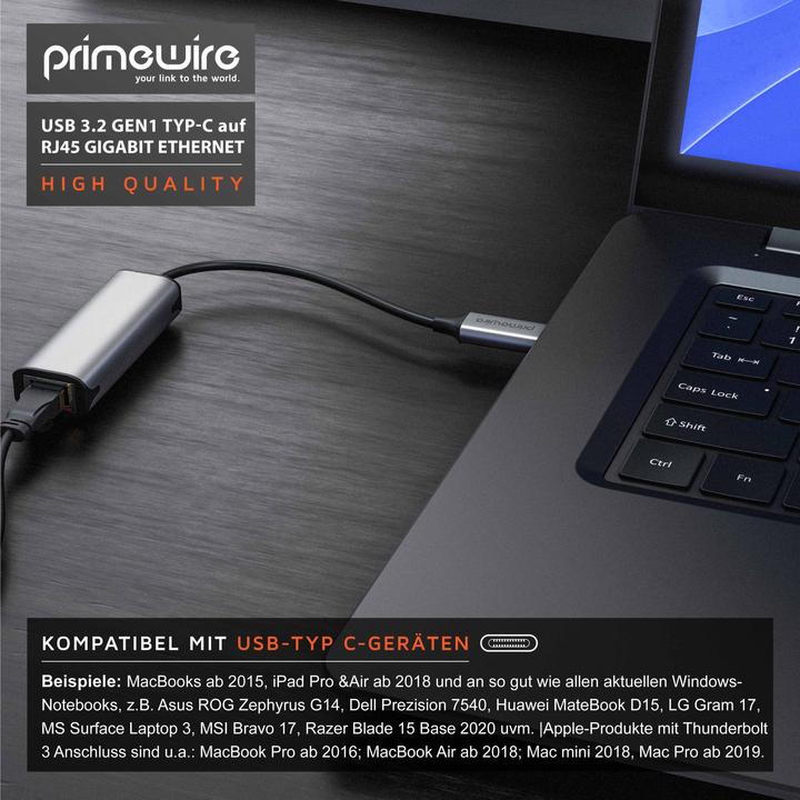 Produktbild Primewire Netzwerkadapter USB 3.2 Typ C zu RJ45 Buchse LAN Adapter, Netzwerk Adapter 2500Mbps Gigabit Ethernet (USB-C 3.2 Gen 1, RJ45 2.5 Gigabit Ethernet (1x))
