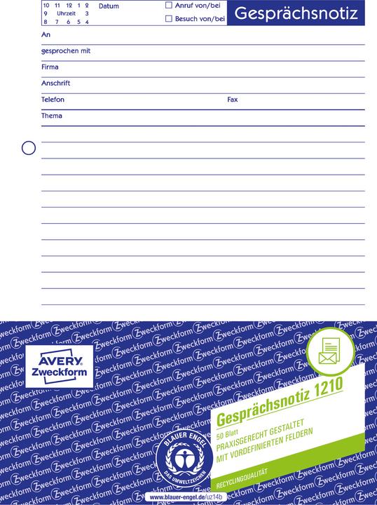 Nährwerte und Zutaten Avery Gesprächsnotiz (50 x)
