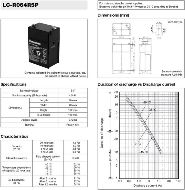Produktbild Panasonic Akku LC-R064R5P, LC-R064R2P (6 V)