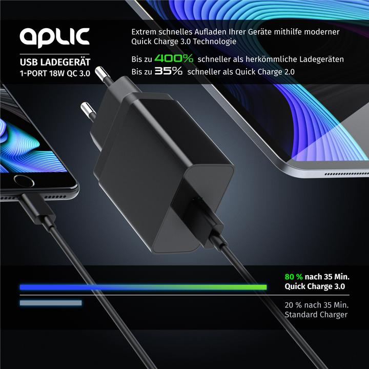 Actual product image Aplic USB charger 3000 mA, Quick Charge 3.0 USB charger 1x USB A QC 3.0 port, max. 3A via QC, black